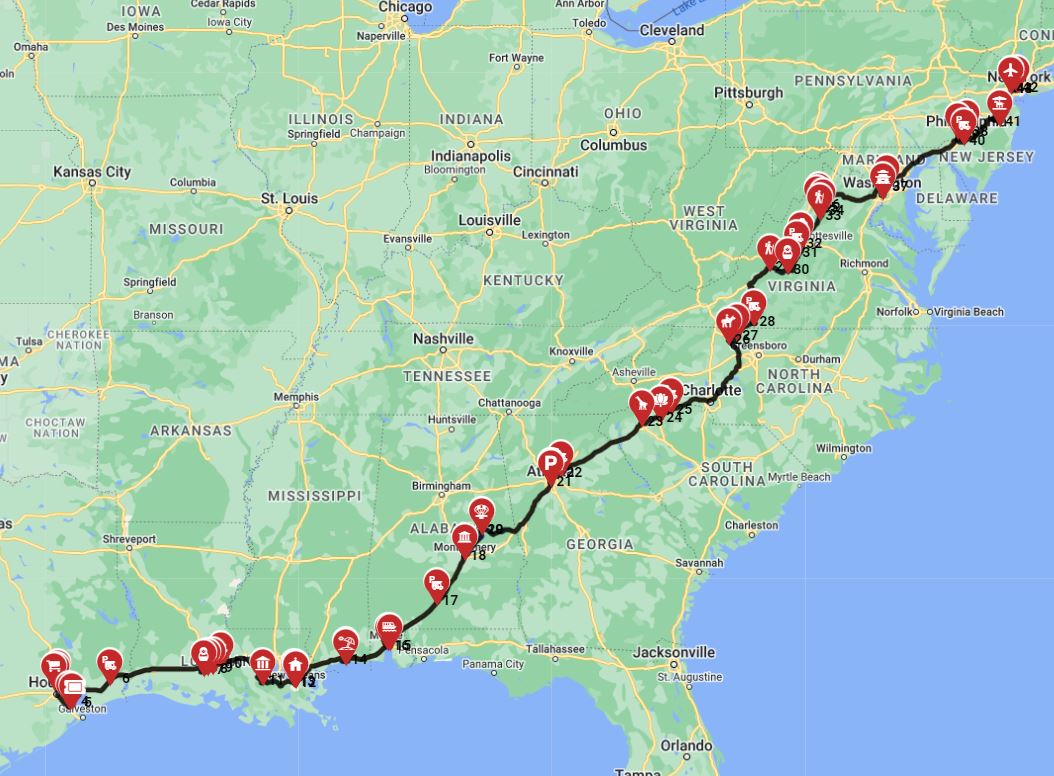 Motorhome trip route from Houston to New York